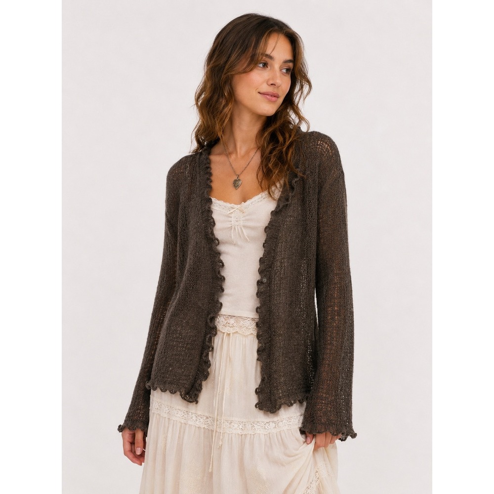 Ruffle Open Knit Brown Cardigan Medium Romantic Fairy Earthy Boho Ethereal